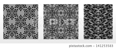 Geometric floral set of seamless patterns. Gray and black vector backgrounds. Damask graphic ornaments Geometric floral set of seamless patterns. Gray and black vector backgrounds. Damask graphic ornaments 141253583