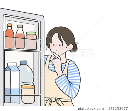 A woman checking the contents of her refrigerator; an illustration of her looking at the ingredients and planning a menu (PNG). 141253677