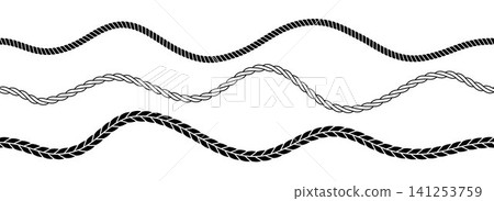 Repeated wave rope pattern collection. Repeating squiggle curve thread stripe set. Tangled chain, wire or yarn string tie pack. Wavy hemp cord motif bundle. Wiggly braid twine plait loops. Vector Repeated wave rope pattern collection. Repeating squiggle curve thread stripe set. Tangled chain, wire or yarn string tie pack. Wavy hemp cord motif bundle. Wiggly braid twine plait loops. Vector 141253759
