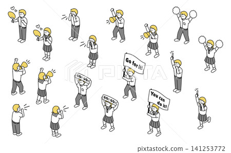 等距插圖:一群穿著夏季校服的中學生正在歡呼 等距插圖:一群穿著夏季校服的中學生正在歡呼 141253772