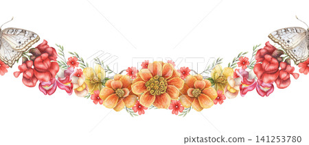 Summer flowers and white butterfly wavy seamless border. Hand drawn watercolor orange marigold with red snapdragon. Floral tropical design for greeting card. Botanical repeat blossom template. Summer flowers and white butterfly wavy seamless border. Hand drawn watercolor orange marigold with red snapdragon. Floral tropical design for greeting card. Botanical repeat blossom template. 141253780