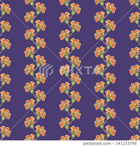 Marigold flowers vertical striped seamless pattern on purple background. Hand drawn watercolor Tagetes patula with orange blossom. Summer vintage design for fabric or wallpaper. Autumn repeat textile. Marigold flowers vertical striped seamless pattern on purple background. Hand drawn watercolor Tagetes patula with orange blossom. Summer vintage design for fabric or wallpaper. Autumn repeat textile. 141253798