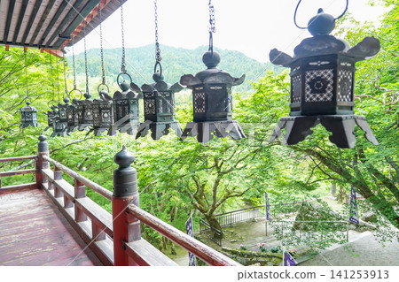 奈良縣櫻井市丹山神社主殿周圍環繞著燈籠,掩映在綠樹叢中。 奈良縣櫻井市丹山神社主殿周圍環繞著燈籠,掩映在綠樹叢中。 141253913
