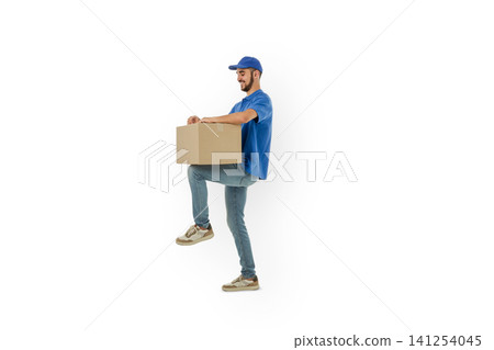 Delivery man stands while balancing a cardboard box, isolated, PNG Delivery man stands while balancing a cardboard box, isolated, PNG 141254045