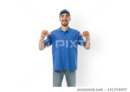 Delivery man in blue polo, full of enthusiasm, isolated, PNG Delivery man in blue polo, full of enthusiasm, isolated, PNG 141254047
