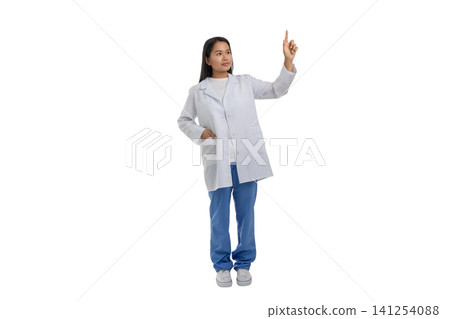 Doctor in white coat gestures thoughtfully, isolated on white, PNG Doctor in white coat gestures thoughtfully, isolated on white, PNG 141254088