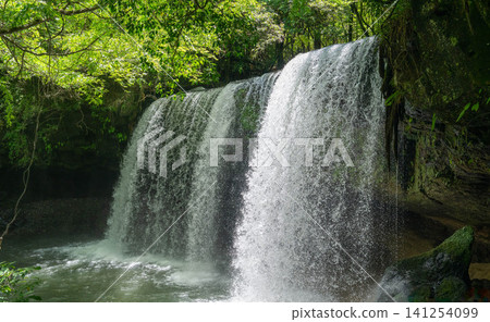 The clear stream of Nabegataki Falls, shimmering in the sunlight filtering through the lush green trees. 141254099