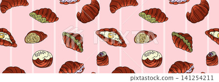 French Croissant and Pastry Seamless Pattern, Hand Drawn Bakery Repeat with Sweet Baked Goods on Soft Pink Background for Cafe Branding and Textile French Croissant and Pastry Seamless Pattern, Hand Drawn Bakery Repeat with Sweet Baked Goods on Soft Pink Background for Cafe Branding and Textile 141254211