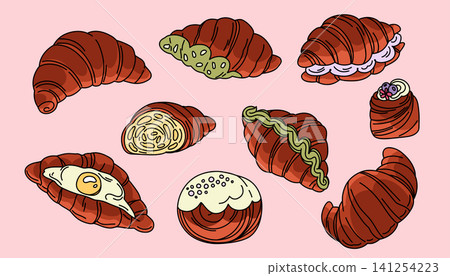 Hand Drawn Croissant Collection with Sweet French Pastries and Filled Baked Goods, Cozy Bakery Illustration in Warm Pastel Colors Hand Drawn Croissant Collection with Sweet French Pastries and Filled Baked Goods, Cozy Bakery Illustration in Warm Pastel Colors 141254223