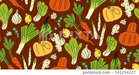 Seamless Vegetable Pattern with Fresh Farm Produce, Hand Drawn Autumn Harvest Illustration for Kitchen, Textile and Food Packaging 141254227
