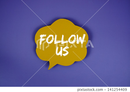 Follow Us text with speech bubble on purple background Follow Us text with speech bubble on purple background 141254409