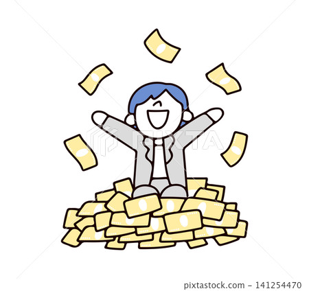 An illustration of a young woman in a suit with a smile, surrounded by many banknotes. An illustration of a young woman in a suit with a smile, surrounded by many banknotes. 141254470