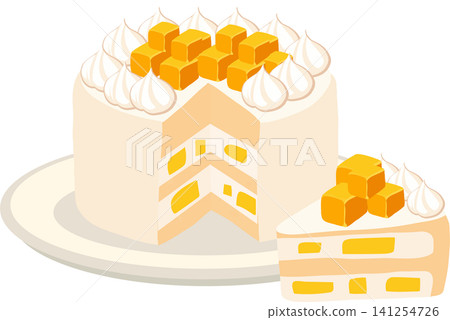 Mango dessert cake with sponge layers whipped cream and fruit topping food illustration 141254726