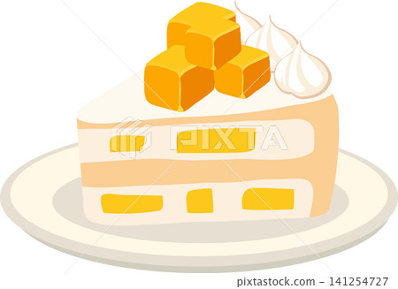 Tropical Mango Dessert Slice with Cream Topping in Flat Design 141254727