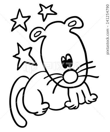 Hand drawn short-legged puppy outline for colouring book, decoration, dog cartoon, characters, comic, pet shop, vet, adopt rescue animal, foster home, shelter, house, park, yard, playtime, plush toy	 141254790