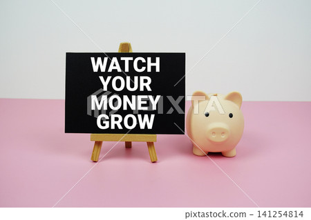 Watch Your Money Grow text written on paper card with easel and piggy bank Watch Your Money Grow text written on paper card with easel and piggy bank 141254814