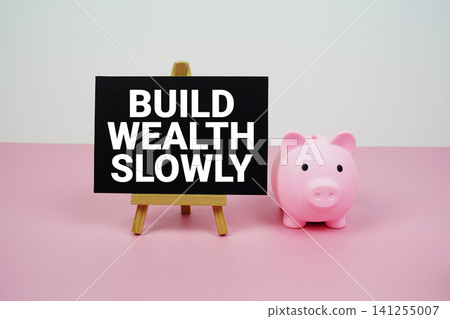 Build Wealth Slowly text written on paper card with easel and piggy bank Build Wealth Slowly text written on paper card with easel and piggy bank 141255007