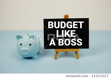 Budget Like a Boss text written on paper card with easel and piggy bank Budget Like a Boss text written on paper card with easel and piggy bank 141255017