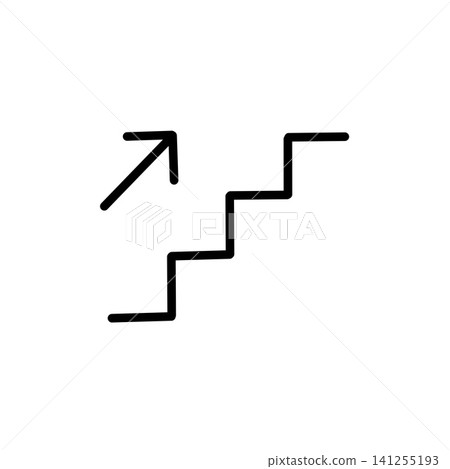 A simple icon combining an upward arrow and stairs, symbolizing upward movement, growth, and progress. 141255193
