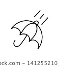一個簡單的線條畫插圖/圖標，描繪了雨天裡一個人撐著傘的情景，背景為白色。 141255210