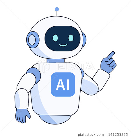 A cute AI robot character illustration showing it smiling and pointing to the upper right. A cute AI robot character illustration showing it smiling and pointing to the upper right. 141255255