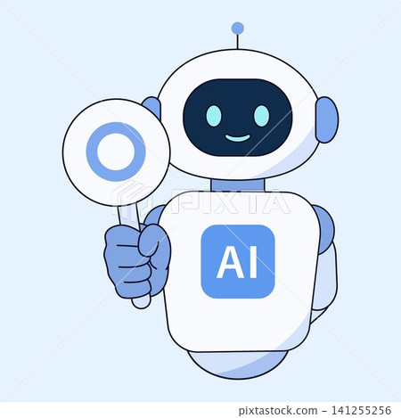 A cute AI robot character illustration that holds up a circled tag and smiles to indicate correct answers or permission. A cute AI robot character illustration that holds up a circled tag and smiles to indicate correct answers or permission. 141255256