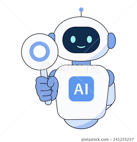 A cute AI robot character illustration that holds up a circled tag and smiles to indicate correct answers or permission. A cute AI robot character illustration that holds up a circled tag and smiles to indicate correct answers or permission. 141255257