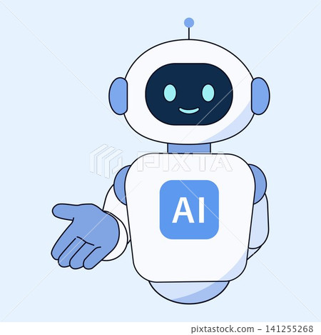 A cute AI robot character illustration that extends its palm and smiles as it guides and introduces things. 141255268