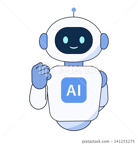 一個可愛的AI機器人角色插畫，擺出勝利姿勢，緊握拳頭，笑容燦爛。 141255275