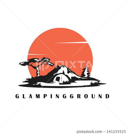 camping or glamping logo icon vector design with mountain,sun and camping tend element,suitable for adventure travel brand 141255525