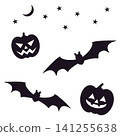 A set of silhouette illustrations of Halloween bats and jack-o'-lanterns. 141255638