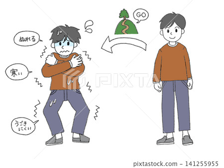 圖示:一個人在徒步旅行時因衣著不足而凍僵並被淋濕(體溫過低、衣著警告、危險、安全徒步旅行) 圖示:一個人在徒步旅行時因衣著不足而凍僵並被淋濕(體溫過低、衣著警告、危險、安全徒步旅行) 141255955