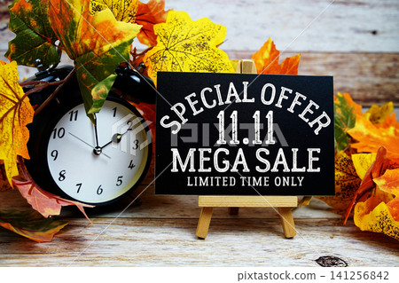 11.11 Mega Sale Special Offer text with alarm clock and maple leaf decoration on wooden background 11.11 Mega Sale Special Offer text with alarm clock and maple leaf decoration on wooden background 141256842