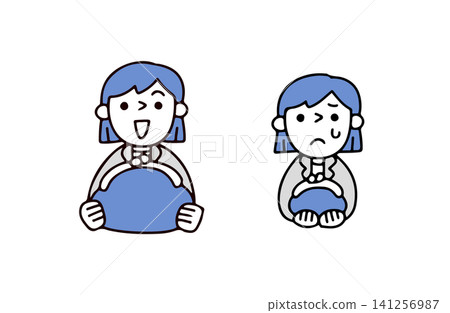 A set of illustrations of a young woman in a suit who has saved money and a young woman in a suit who has not much money. A set of illustrations of a young woman in a suit who has saved money and a young woman in a suit who has not much money. 141256987