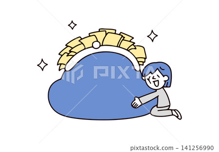 An illustration of a young woman in a suit hugging a coin purse full of banknotes. An illustration of a young woman in a suit hugging a coin purse full of banknotes. 141256990