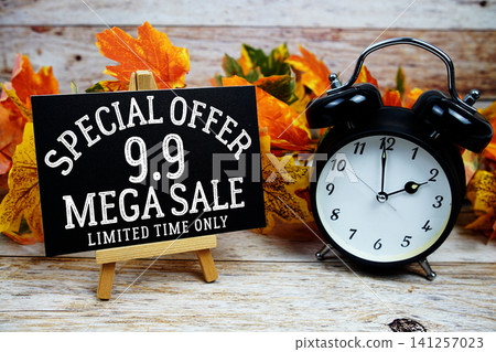 9.9 Mega Sale text with alarm clock and maple leaf decoration on wooden background 9.9 Mega Sale text with alarm clock and maple leaf decoration on wooden background 141257023