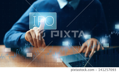 Interest in Initial Public Offering IPO on a laptop screen during a business meeting in a modern office setting Interest in Initial Public Offering IPO on a laptop screen during a business meeting in a modern office setting 141257093
