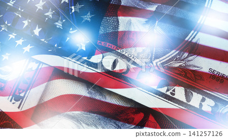 Chart shows money and coins during recession with USA flag background Chart shows money and coins during recession with USA flag background 141257126