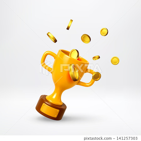 3D Golden trophy cup overflowing with falling coin 3D Golden trophy cup overflowing with falling coin 141257303