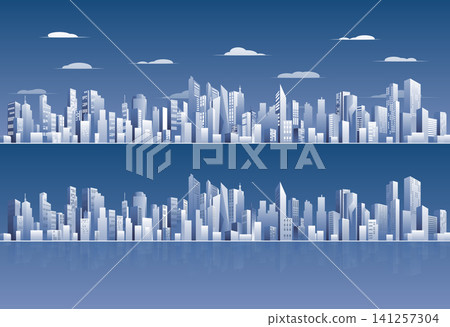 Cityscape with red navigation pointers. Waterfront business center. Vector illustration. Cityscape with red navigation pointers. Waterfront business center. Vector illustration. 141257304
