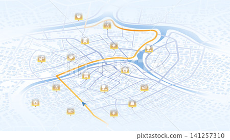 GPS navigation map with point of interest icons and orange travel route. Vector illustration. GPS navigation map with point of interest icons and orange travel route. Vector illustration. 141257310