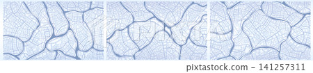 Blue city map banners with detailed road network and river. Abstract urban plan set background. Vector illustration. Blue city map banners with detailed road network and river. Abstract urban plan set background. Vector illustration. 141257311