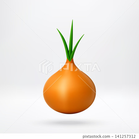 3D Yellow onion with green sprout 3D Yellow onion with green sprout 141257312