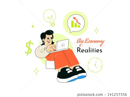 Gig Economy Realities Vector Illustration Featuring Freelance Workers, Food Delivery, Remote Work, Digital Platform Jobs, and On Demand Services Gig Economy Realities Vector Illustration Featuring Freelance Workers, Food Delivery, Remote Work, Digital Platform Jobs, and On Demand Services 141257356