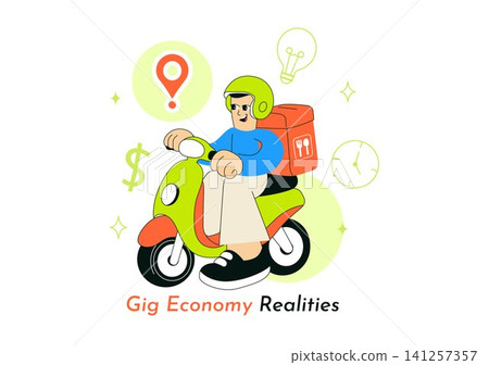 Gig Economy Realities Vector Illustration Featuring Freelance Workers, Food Delivery, Remote Work, Digital Platform Jobs, and On Demand Services Gig Economy Realities Vector Illustration Featuring Freelance Workers, Food Delivery, Remote Work, Digital Platform Jobs, and On Demand Services 141257357
