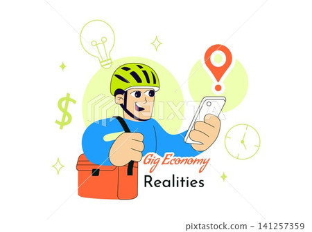 Gig Economy Realities Vector Illustration Featuring Freelance Workers, Food Delivery, Remote Work, Digital Platform Jobs, and On Demand Services Gig Economy Realities Vector Illustration Featuring Freelance Workers, Food Delivery, Remote Work, Digital Platform Jobs, and On Demand Services 141257359
