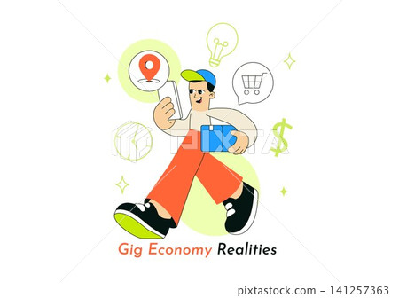 Gig Economy Realities Vector Illustration Featuring Freelance Workers, Food Delivery, Remote Work, Digital Platform Jobs, and On Demand Services Gig Economy Realities Vector Illustration Featuring Freelance Workers, Food Delivery, Remote Work, Digital Platform Jobs, and On Demand Services 141257363