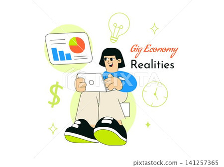 Gig Economy Realities Vector Illustration Featuring Freelance Workers, Food Delivery, Remote Work, Digital Platform Jobs, and On Demand Services Gig Economy Realities Vector Illustration Featuring Freelance Workers, Food Delivery, Remote Work, Digital Platform Jobs, and On Demand Services 141257365
