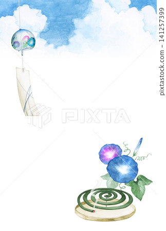 Summer greeting postcard: Wind chime, morning glory, mosquito coil, watercolor illustration Summer greeting postcard: Wind chime, morning glory, mosquito coil, watercolor illustration 141257399