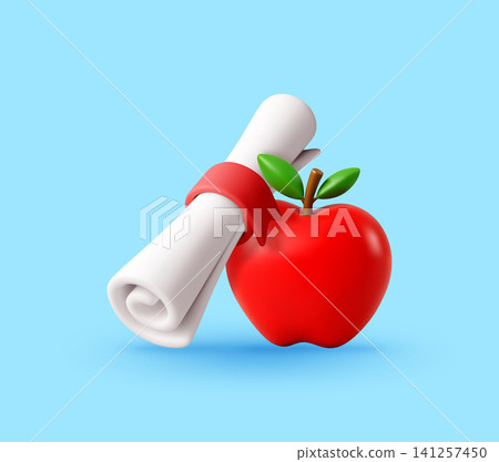 3D diploma scroll next to a fresh apple 3D diploma scroll next to a fresh apple 141257450